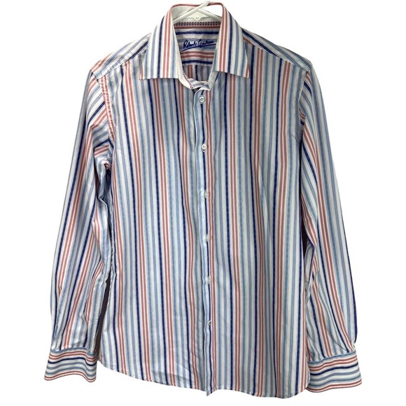 Robert Graham Blue Purple Striped Button Up Shirt Embroidered Cuffs Sz 39/15.5 - Picture 1 of 12
